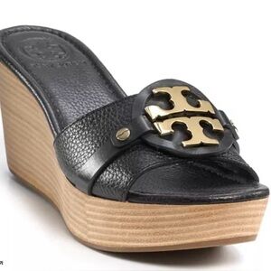 Tory Burch Black Leather Logo Platform Wedge Sandals with Gold Emblem